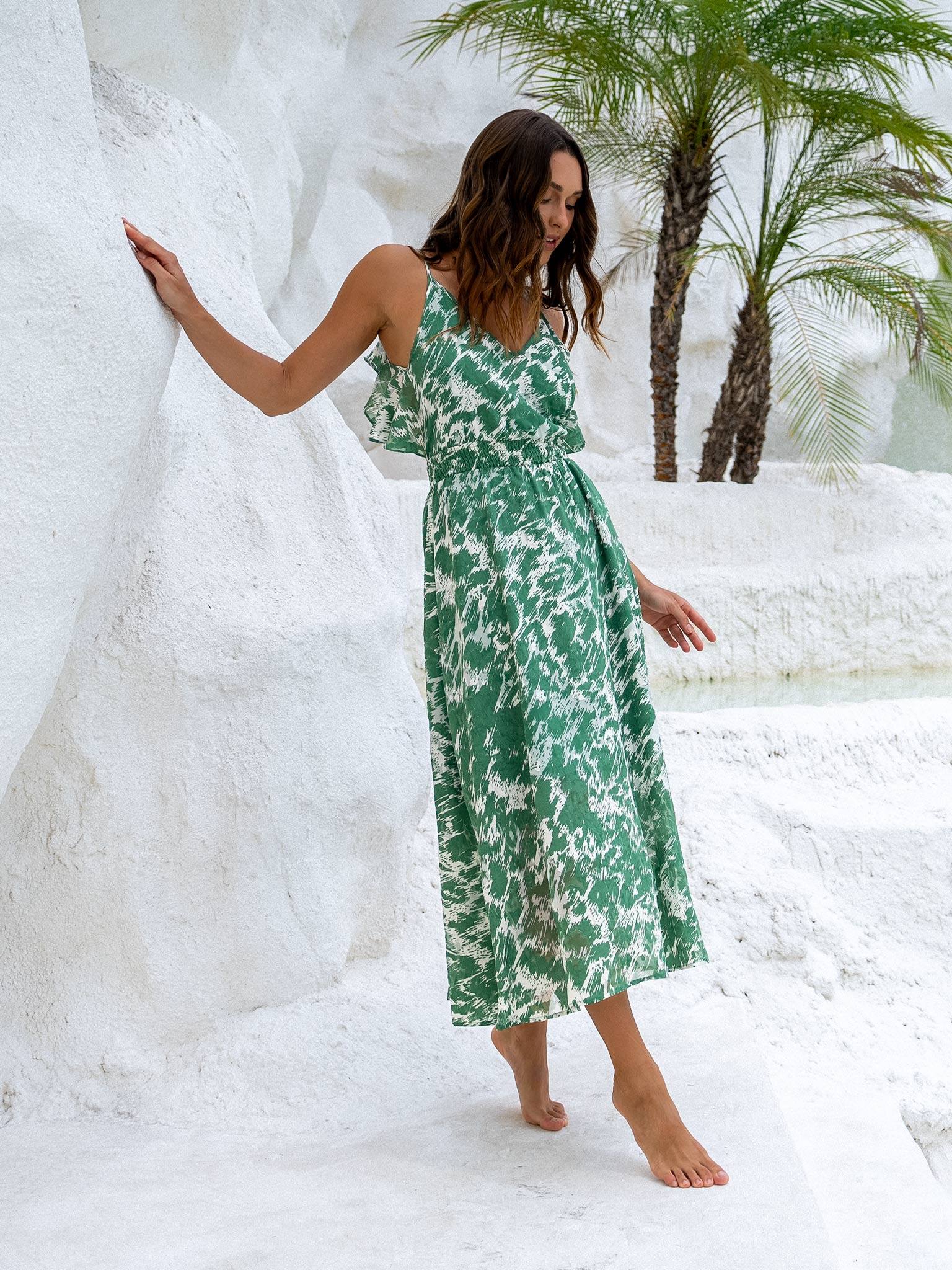 Anthro FoxieDox Green Tropical Backless Maxi Dress newest