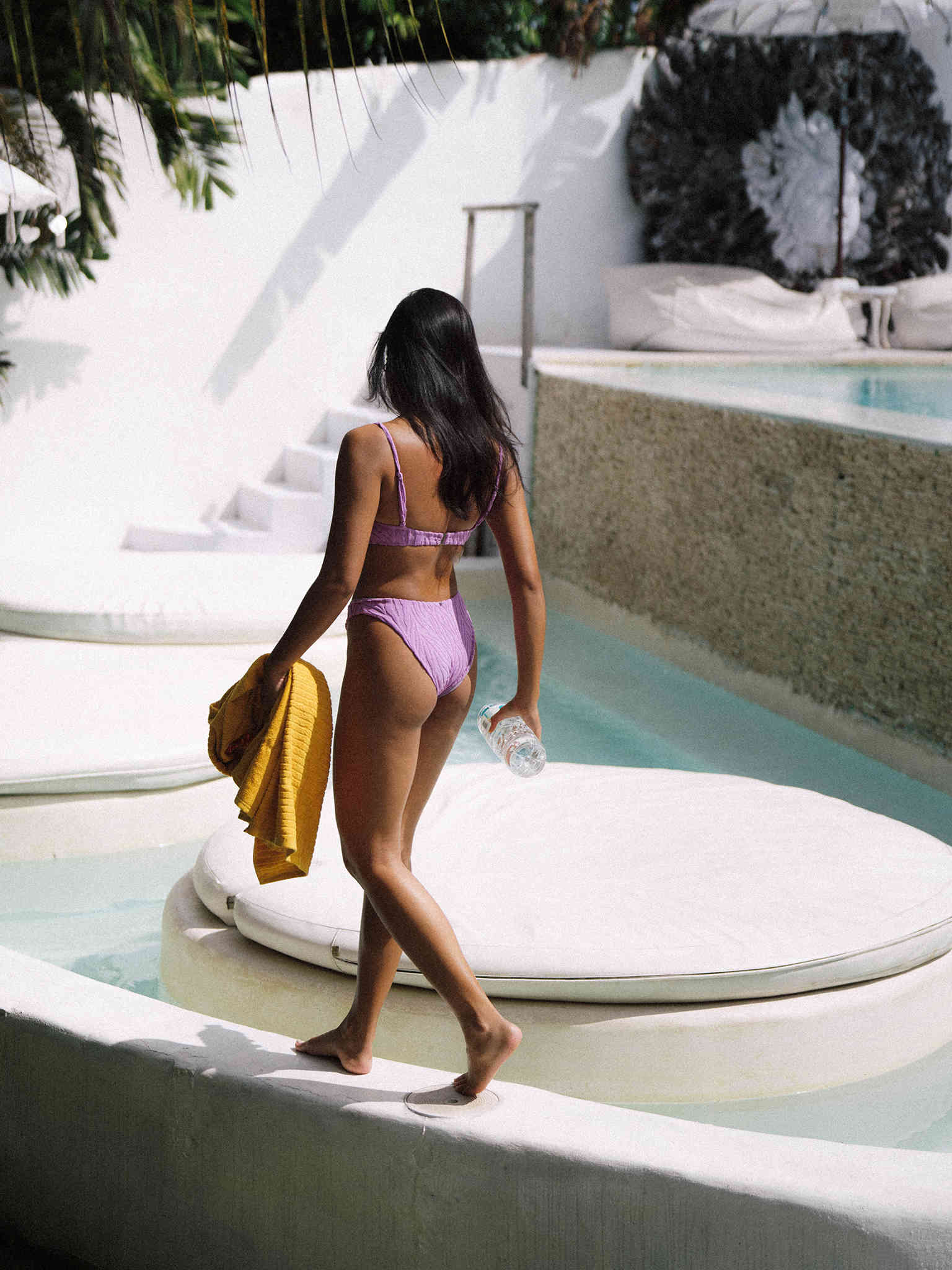 A Girl Wearing Violet Jacquard Bikini Top & Bottom Walk On Pool Side - OCEAN MYSTERY