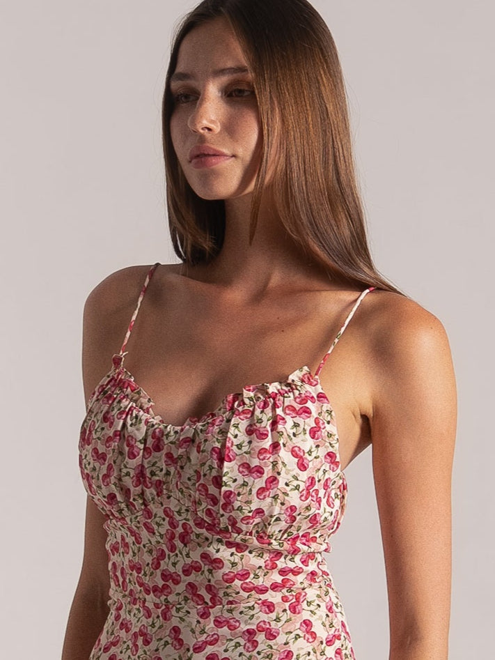 Ocean Mystery cherry blossom sundress with spaghetti straps, ruched neckline and tiered hem - feminine summer style.