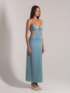 Ocean Mystery light blue satin maxi dress with twist front cutout and spaghetti straps - floor-length elegance.