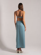 Ocean Mystery light blue strapless maxi dress with backless design - ankle-length elegance.