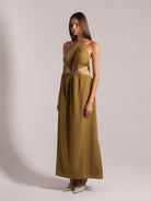 Ocean Mystery olive green halter neck maxi dress with crisscross detail and waist cutouts - elegant summer style.