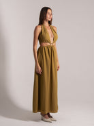 Ocean Mystery olive green halter neck maxi dress with cutout details and waist ring - minimalist elegant style.