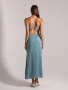 Ocean Mystery teal backless midi dress with thin straps and side slits - minimalist design.