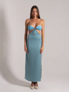 Ocean Mystery teal bra-strap midi dress with knot detail and side cutouts - floor-length minimalist design.