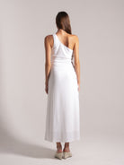 Ocean Mystery white one-shoulder maxi dress with ruched waist and side tie - elegant back view.