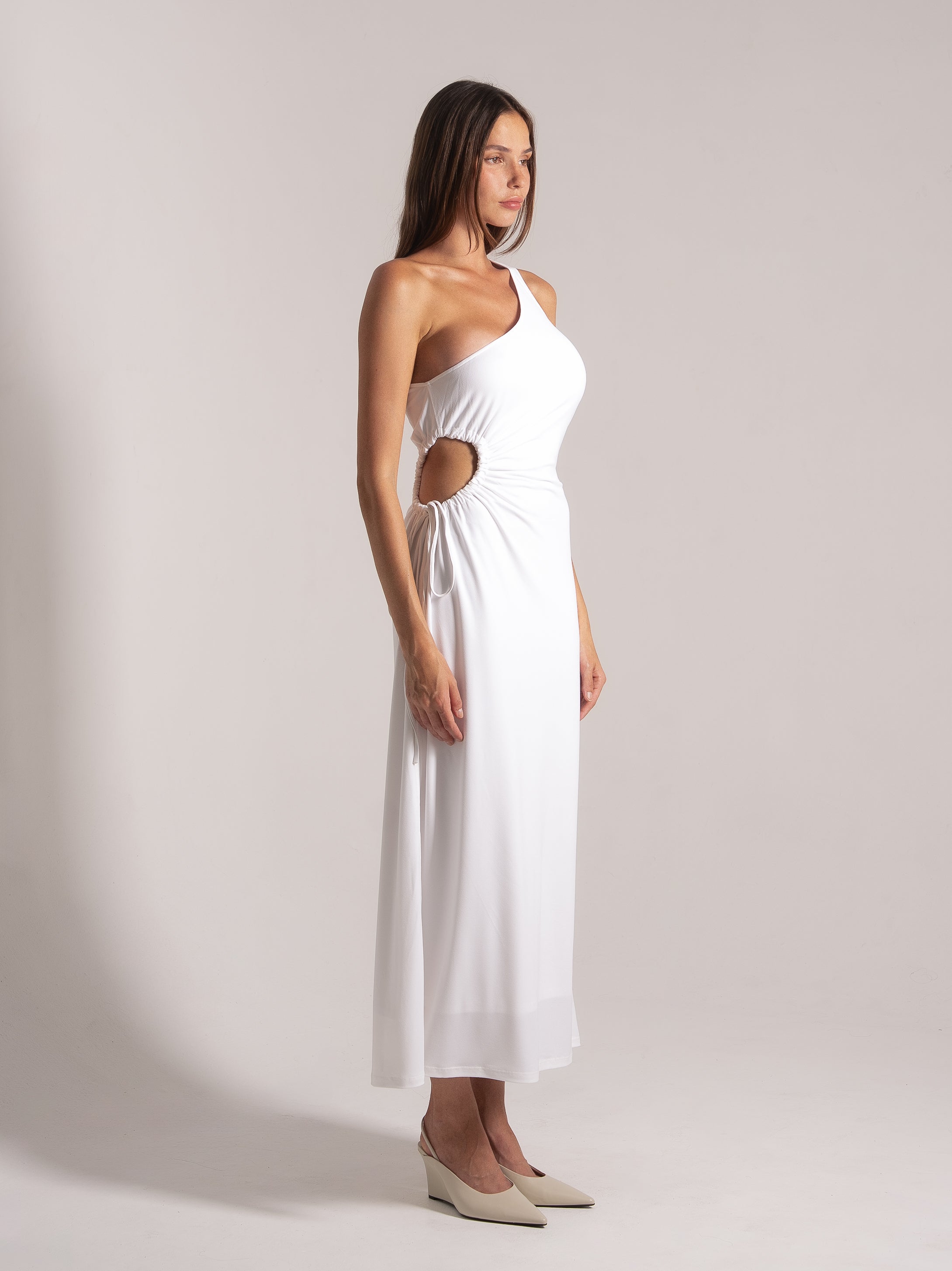 Ocean Mystery white one-shoulder maxi dress with waist cutout and tie detail - mid-calf length elegance.