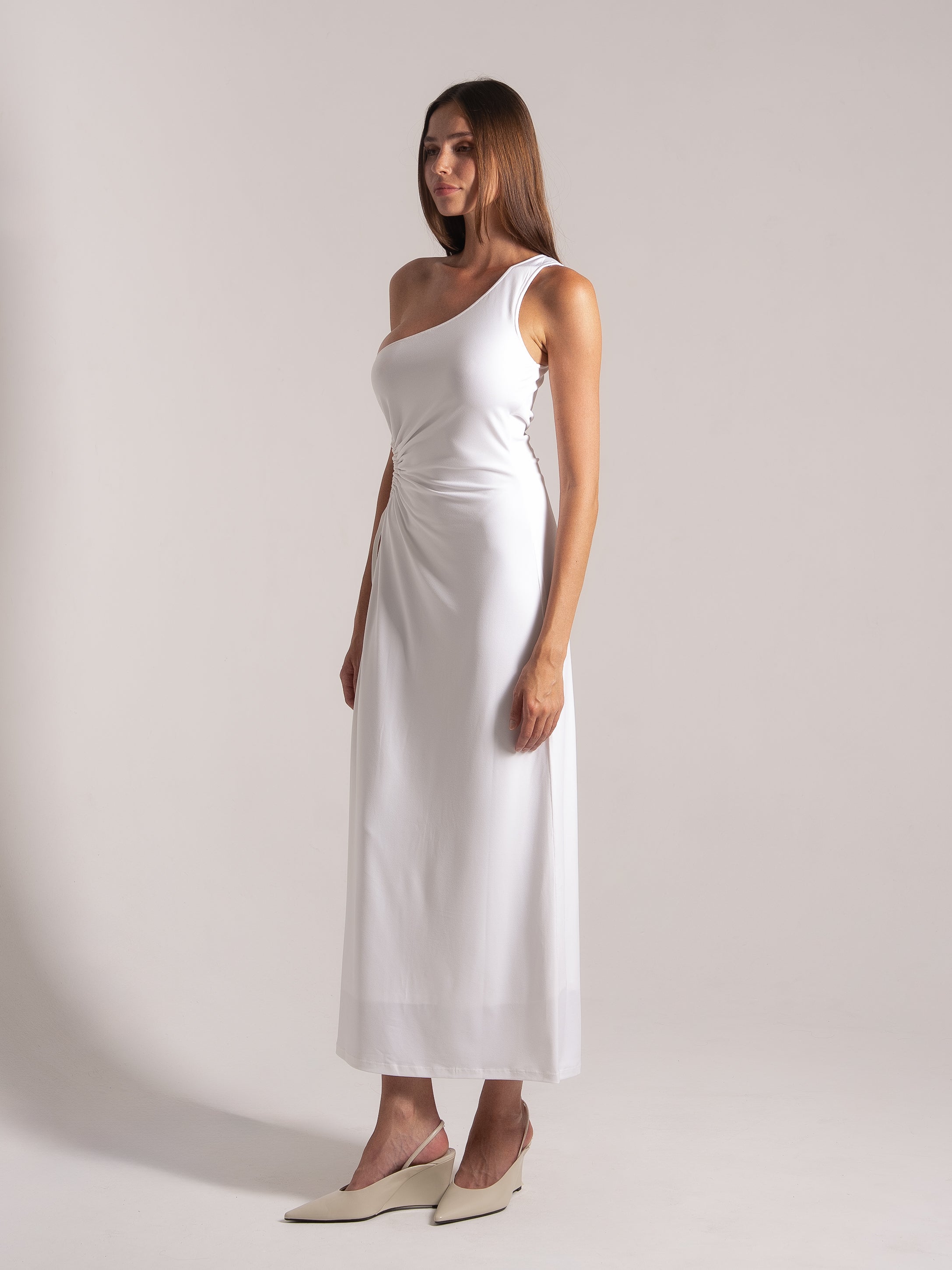 Ocean Mystery white one-shoulder maxi dress with waist twist detail - ankle-length elegance.