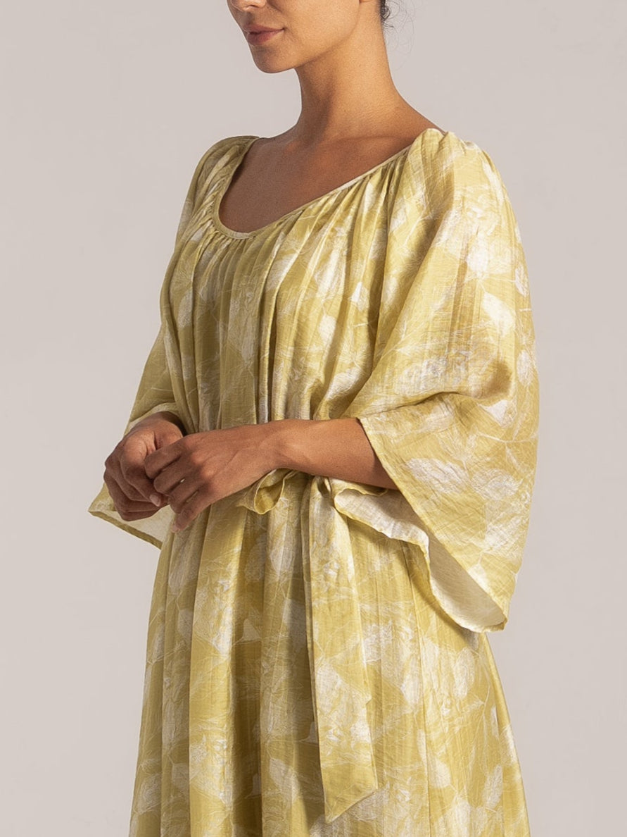 Ocean Mystery yellow floral maxi dress with off-shoulder neckline and ruffle sleeves - boho chic style.