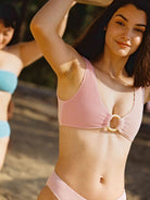 A Girl Wearing Peach & Pink Triangle Fixed Strap Bikini Top - OCEAN MYSTERY