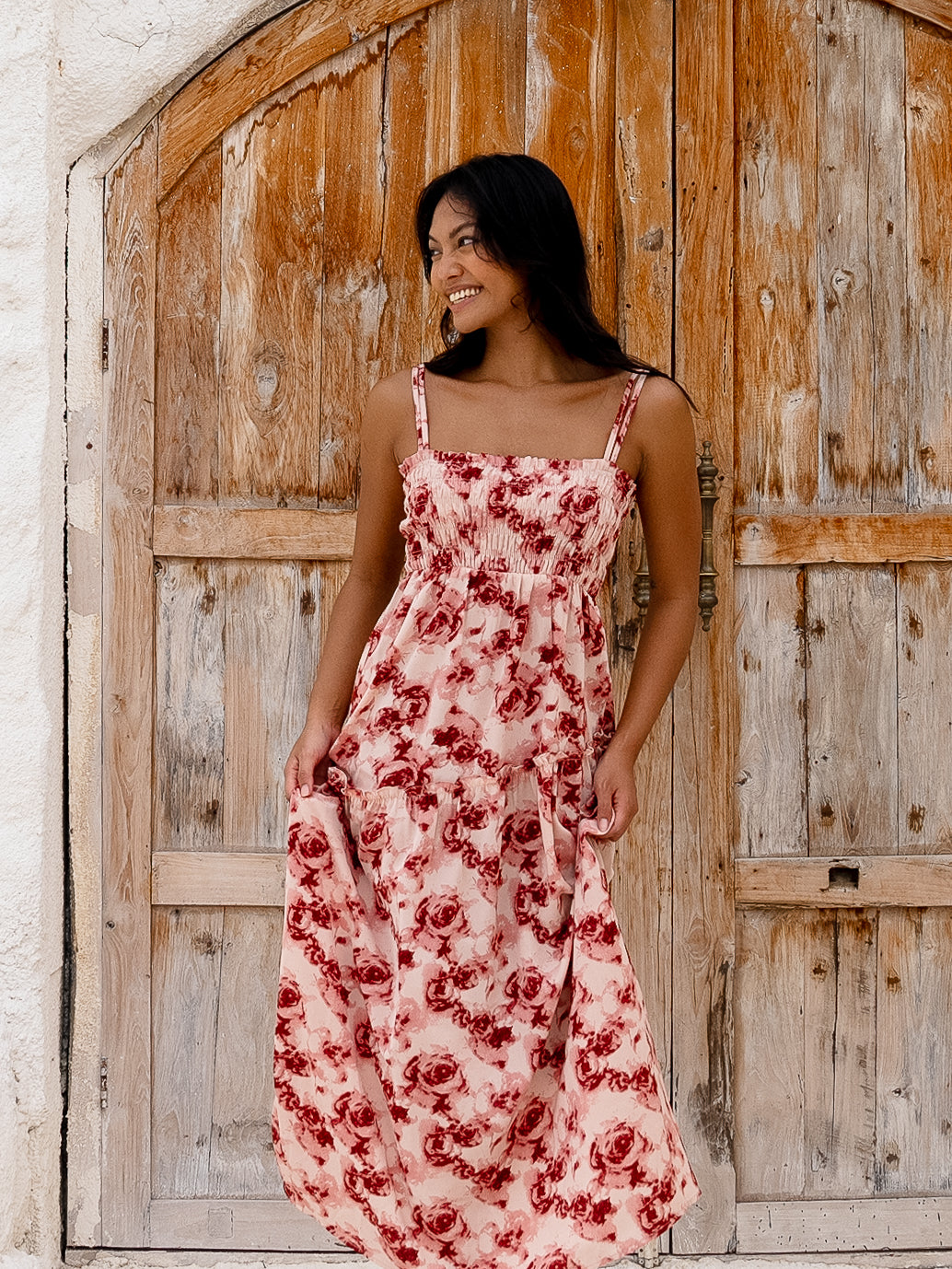 Rose Print Maxi Dress with Adjustable Straps – Perfect for Any Occasion