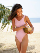 A Girl Wearing Salmon Backless One Piece Swimsuit - OCEAN MYSTERY