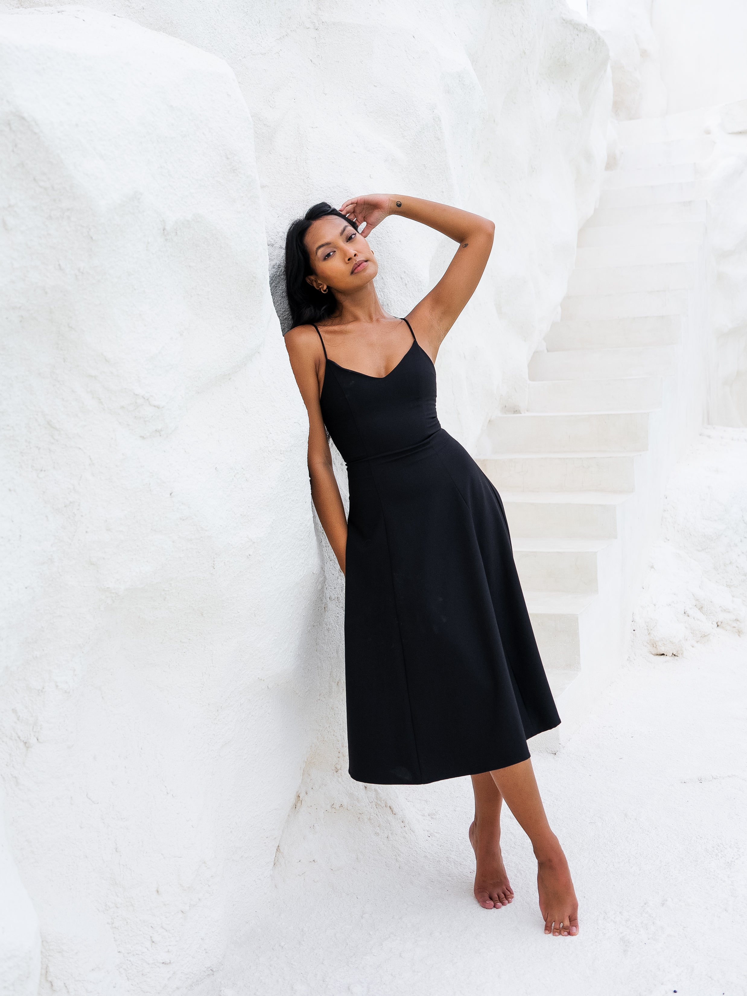 Spaghetti strap black mid-length dress