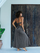 Sparkling Black and Silver Halter Neck Maxi Dress – High Slit for a Bold and Glamorous Look