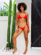 Red Textured Halter Triangle Bikini Top with Adjustable Tie Straps