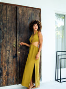 Trendy Mustard Yellow High-Slit Dress – Symmetrical Cutouts and Halter Neck Tie for a Modern Look