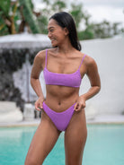A Girl Wearing Violet Jacquard Sexy Bikini Top & Bottom - OCEAN MYSTERY