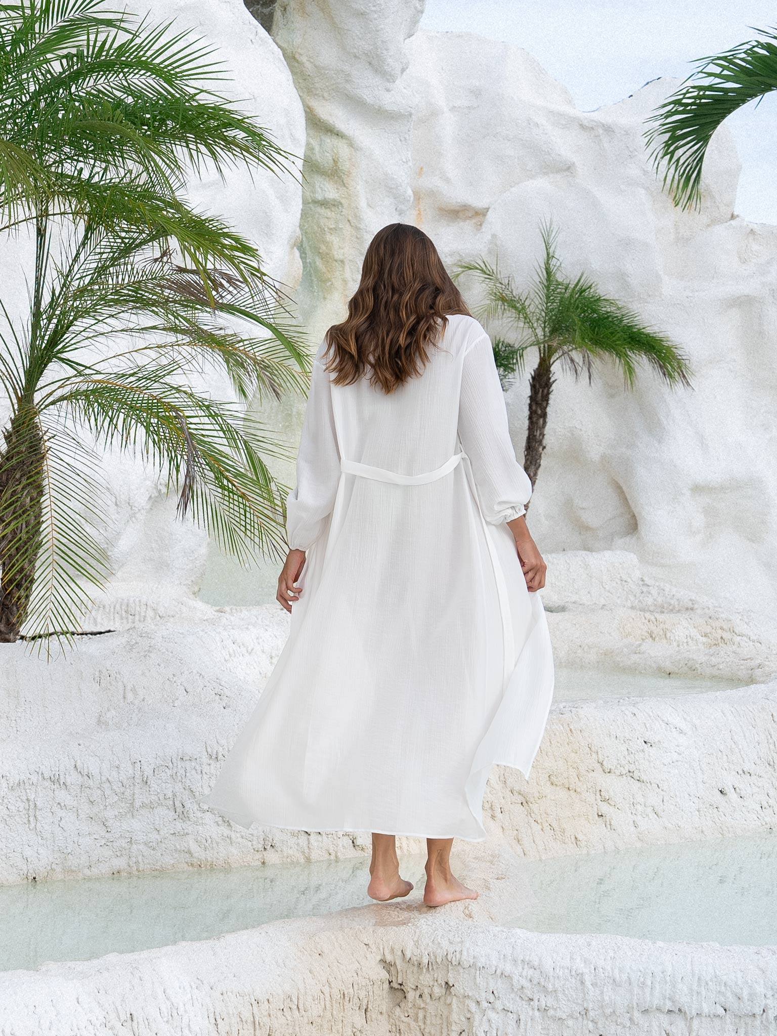 A Women Wearing Vacation Waist Tie White Dress - OCEAN MYSTERY