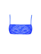 Women's blue bikini top with square neckline and adjustable straps.