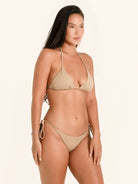 Beige triangle bikini top featuring halter straps and tie back.