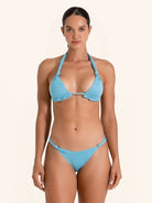 Aqua halter bikini top in triangle style with adjustable ties.