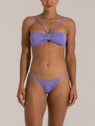 Lilac bandeau bikini set with ruched front and matching double-strap bikini bottoms