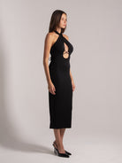 Front‑side view of black halter cutout midi dress