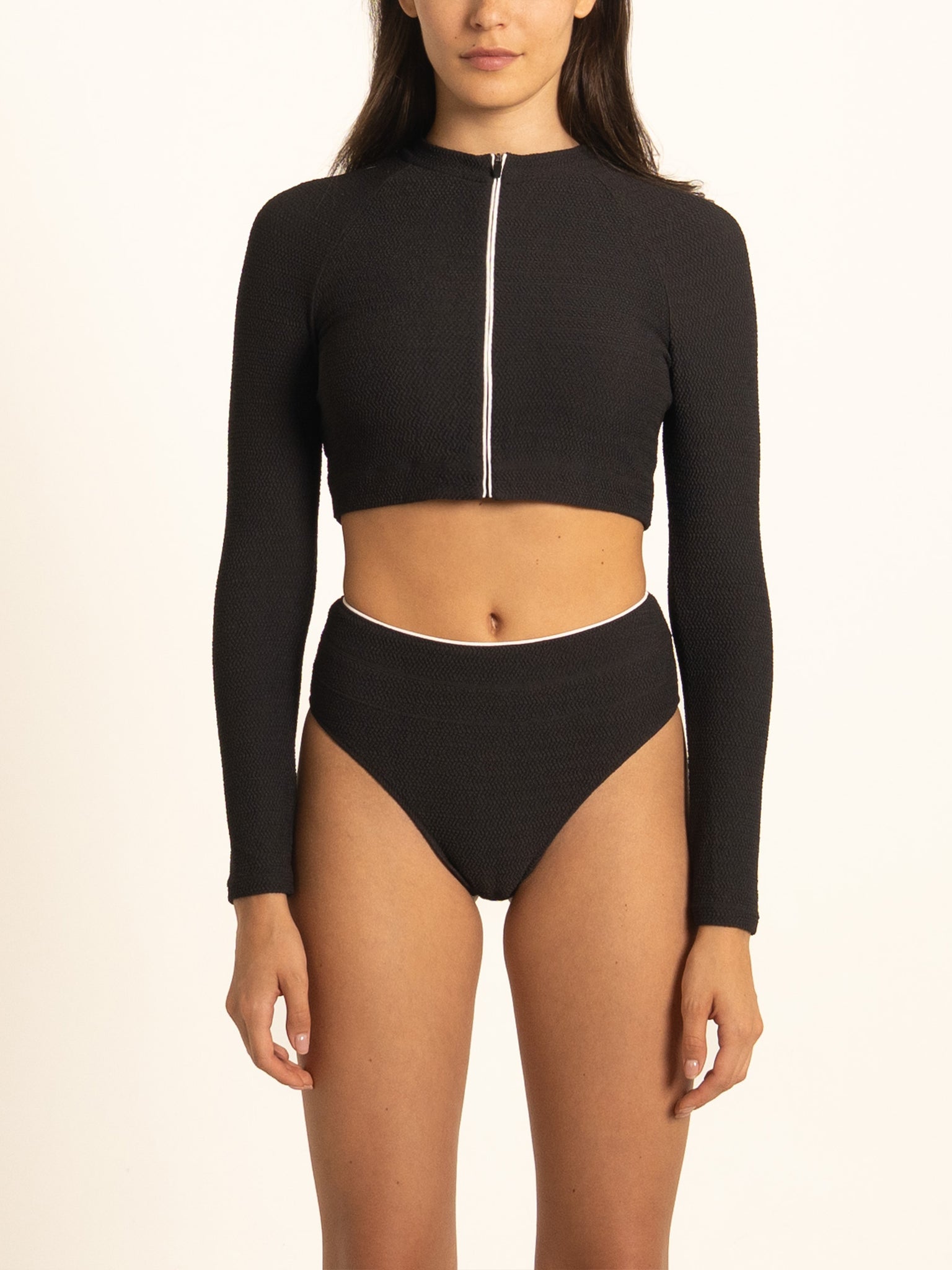Front view of the Ocean Mystery black high-waisted ribbed bikini bottoms, featuring elegant white piping and designed for a secure, comfortable fit.