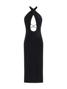 Chic black lace sleeveless dress with a crossover neckline for women.