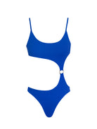 Blue adjustable strap one-piece swimsuit with cut-out design