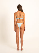 Full back shot of seamless light blue bikini with clasp closure and high-cut bottoms