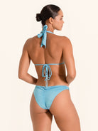 Women’s halter neck bikini top in lake blue shade.