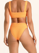 Bright orange ribbed swim bottom with flattering high waist fit.