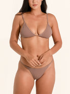 Brown bikini bottom with high leg cut and flattering fit.