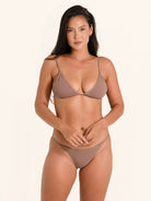 Brown triangle bikini top with adjustable straps.