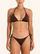 Classic swimwear brown tie side bikini bottom with adjustable fit.