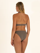 Back angle view of the charcoal gray halter bikini set, highlighting the smooth nylon fabric and secure back closure.