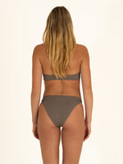 Full back view of the minimalist charcoal gray nylon bikini set, showcasing the medium coverage bottoms.