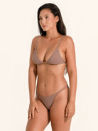 Chic brown swim bikini bottom with high cut leg opening.