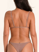 Chic brown swimwear top with adjustable back and straps.