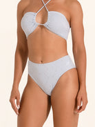 Chic light blue high rise bikini bottom with sculpting style.