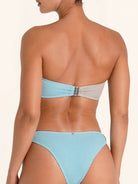 Colorblock bandeau bikini top in blue and grey with front ring accent.