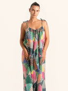 Front view of colorful patchwork maxi dress with tie shoulder straps