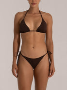 Front view of dark brown string bikini set with triangle top and tie-side bottoms – minimal swimwear look