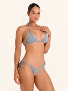 Denim blue triangle bikini top with halter neck and tie back.