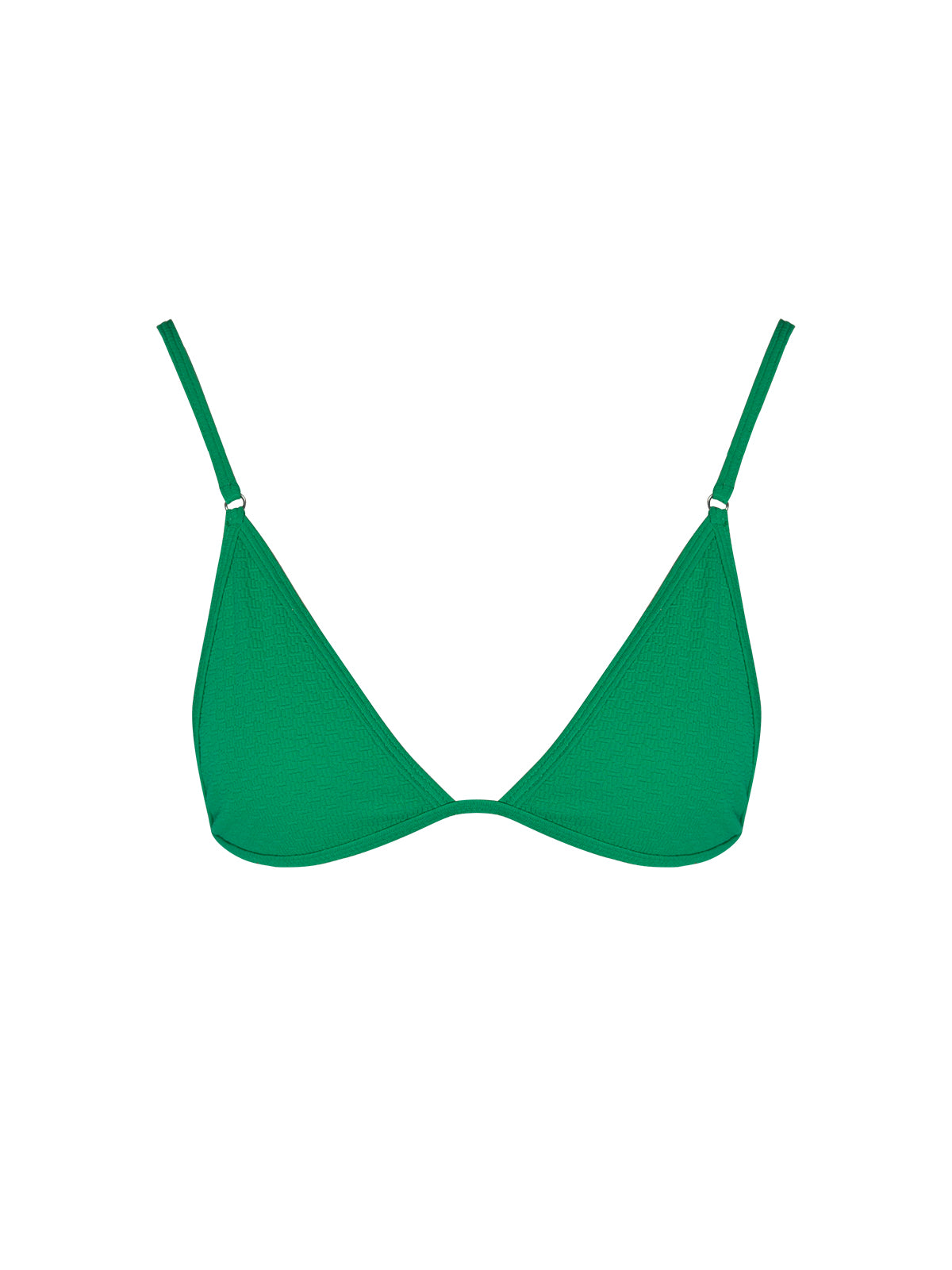 Emerald-green jacquard triangle bikini top with adjustable spaghetti straps and removable padded cups, modeled on a tropical beach.