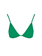 Emerald-green jacquard triangle bikini top with adjustable spaghetti straps and removable padded cups, modeled on a tropical beach.