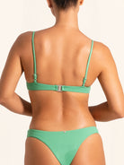 Back view of green bikini top featuring adjustable strap and clasp closure.