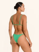 Modern green swim top with classic bikini shape.