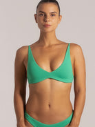 Close-up of green triangle bikini top with no underwire and comfortable shape